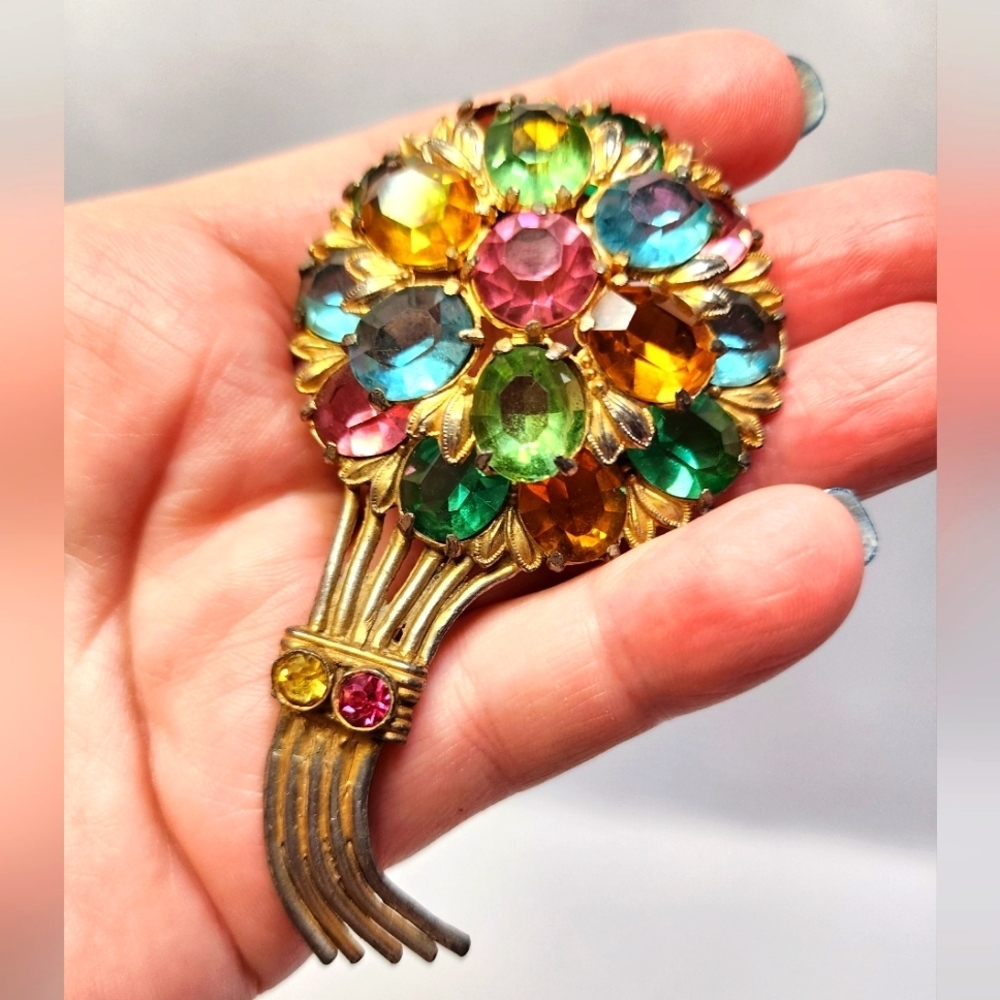 Vintage Bouquet Multi-Color Rhinestone Large Brooch